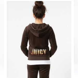 Vintage Juicy Couture Girls Velour Zip-Up Hoodie - Brown Sequence Size 14